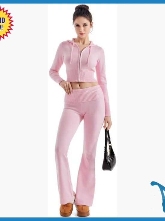 Pants - Cropped Zip Hoodie & Flare Pants Set, Knit Activewear, Slim Fit